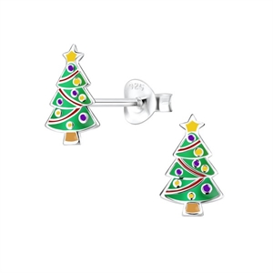 Juleøreringe - Juletræ i sølv med emalje | BB10554